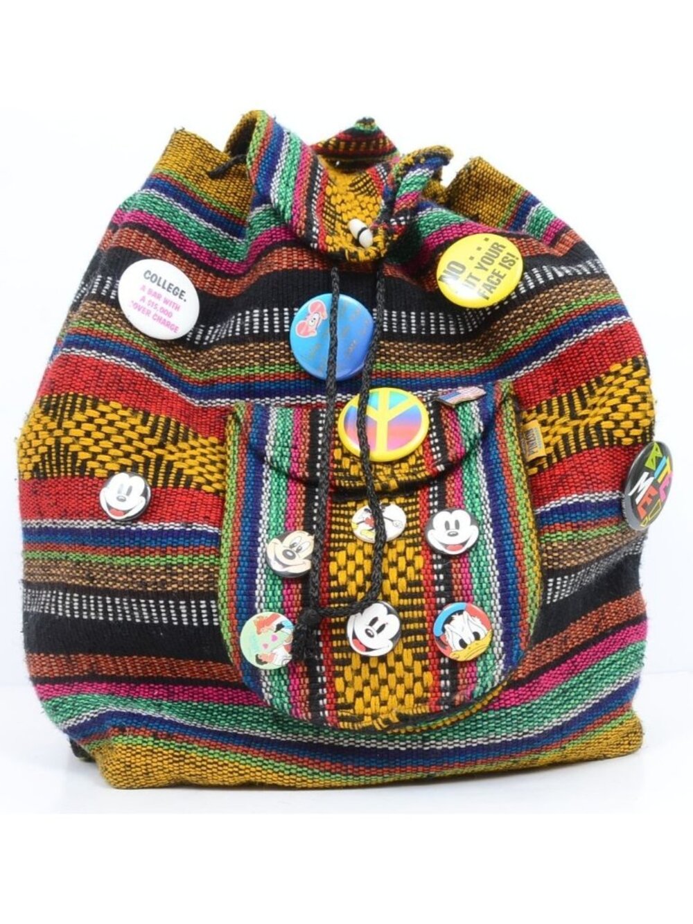 Vibrant Funky Buttons Handcrafted Mexican Woven Backpack Drawstring Hippie Gear